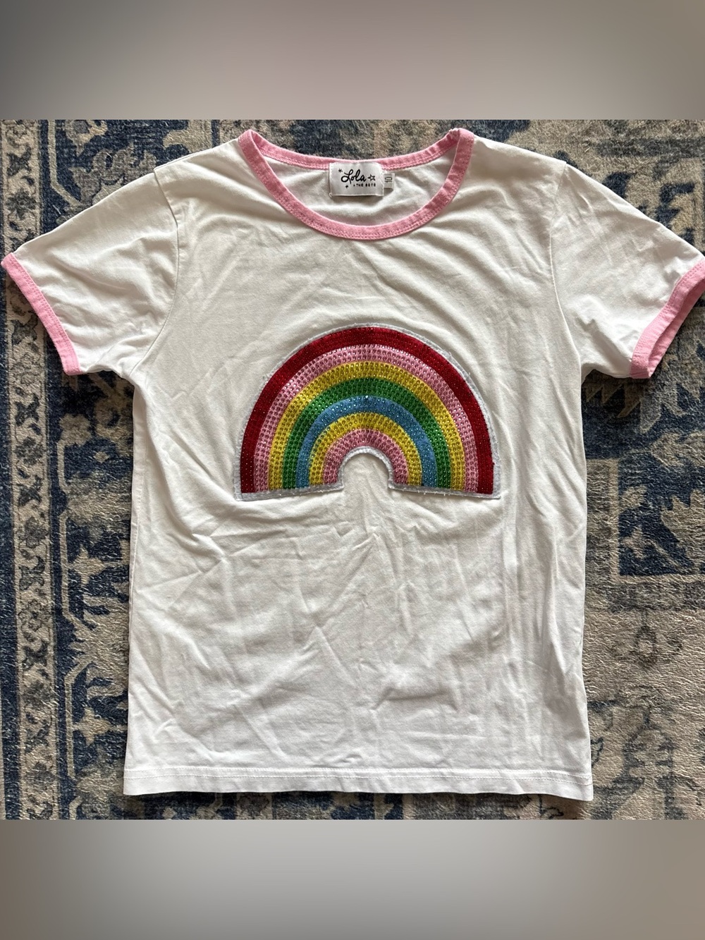 Lola + The Boys White Tee with Pink Trim and Rainbow Sequin Applique